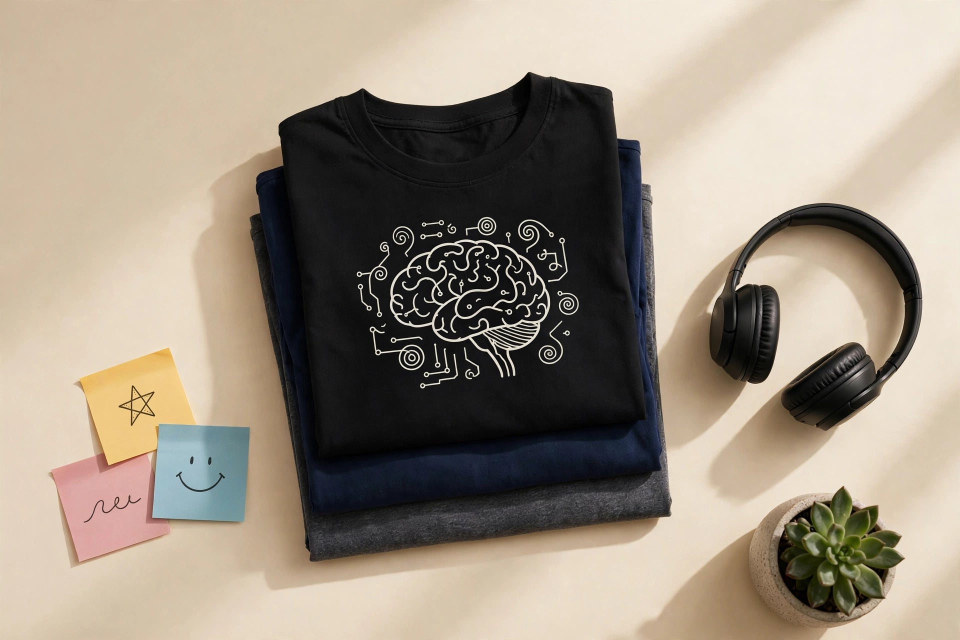 Folded Wired Witty tees flat-lay with headphones and sticky notes